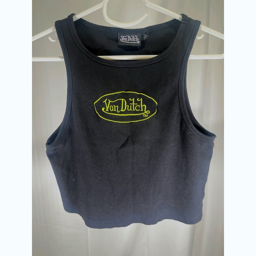 Von Dutch Ribbed Crop Tank Top Black Neon Yellow Embroidered Logo Y2K Large